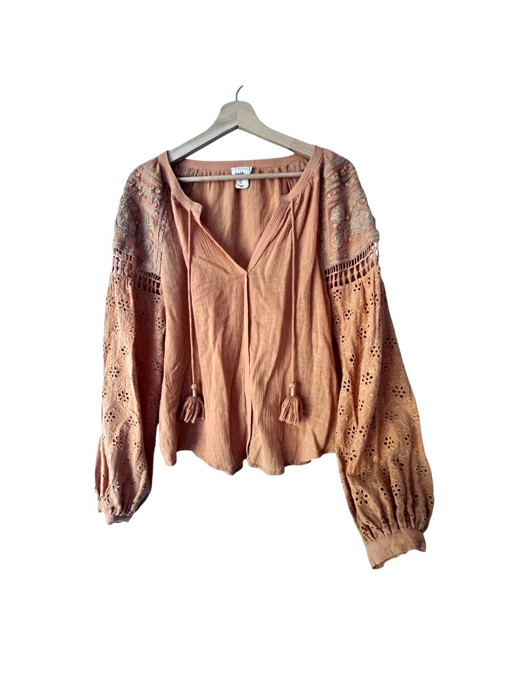 Boho Eyelet Long Sleeve Cotton Peasant Top Size Large